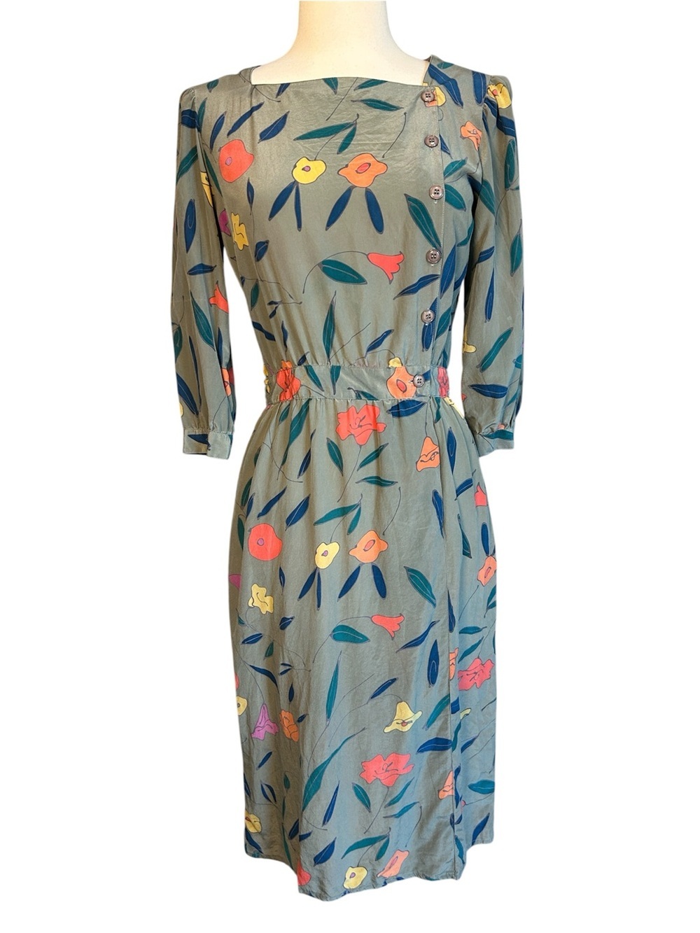 Vintage 1980s Maggy London 100% silk dress fall Floral Print Green size 10 - Picture 2 of 16
